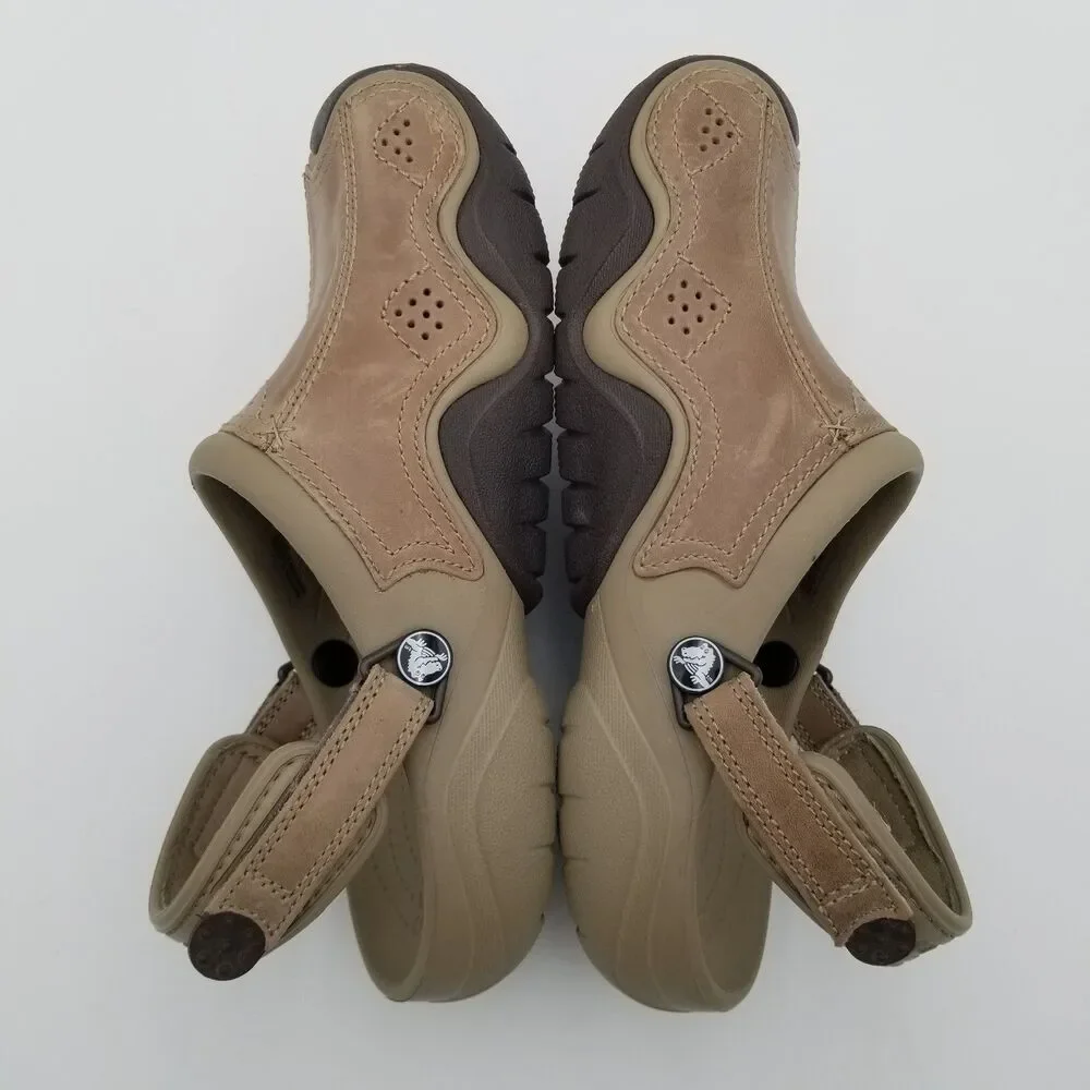 CROCS Swiftwater Light Brown Leather Adjustable Strap Slip On Clogs Mens Size 9
